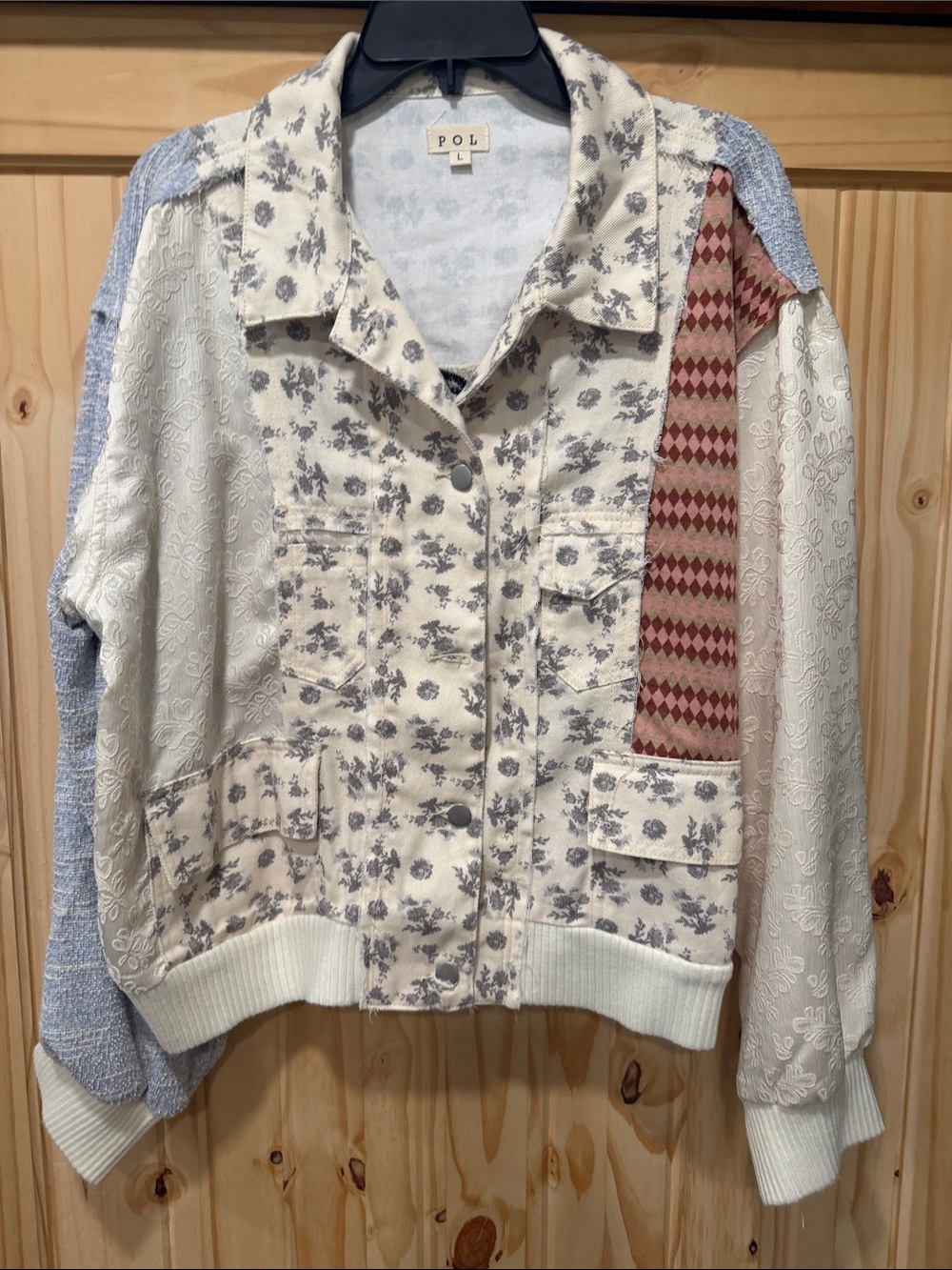 POL Patchwork Floral Bomber Jacket - Cream, Blue & Rust